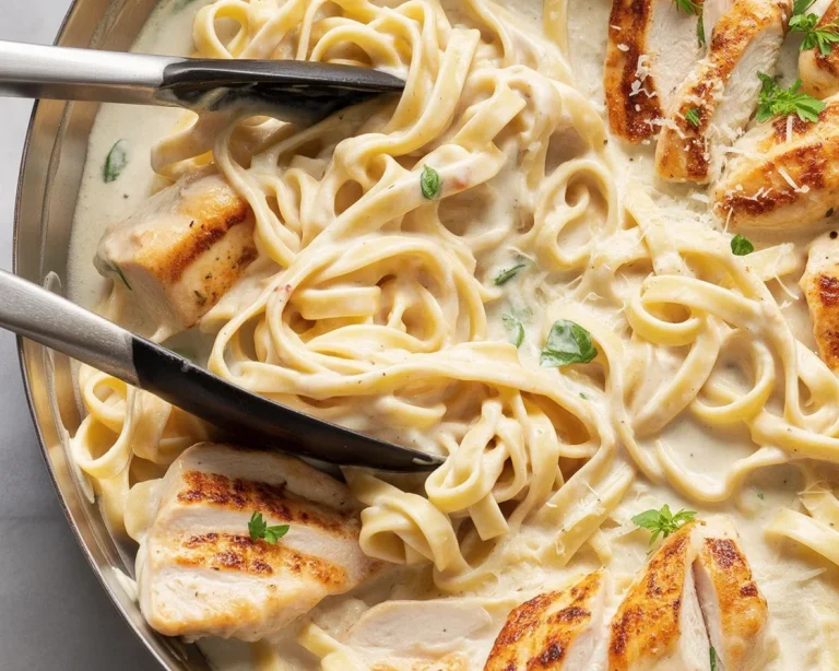 Delicious Chicken Fettuccine Alfredo topped with juicy chicken and creamy garlic sauce.