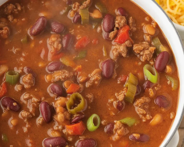 Delicious beef chili recipe with ground beef, spices, and rich tomato sauce