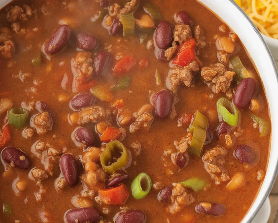 Delicious beef chili recipe with ground beef, spices, and rich tomato sauce