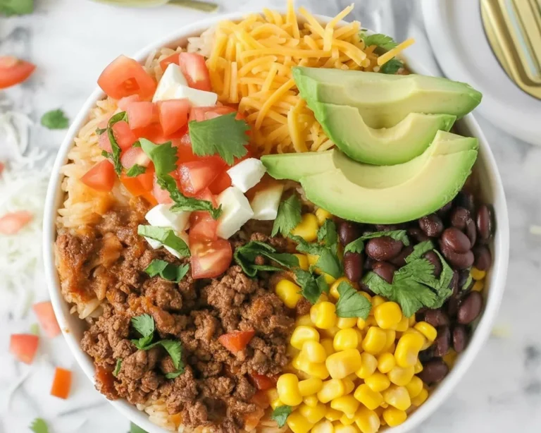 Delicious bowl of taco ingredients including ground beef, rice, and fresh toppings.