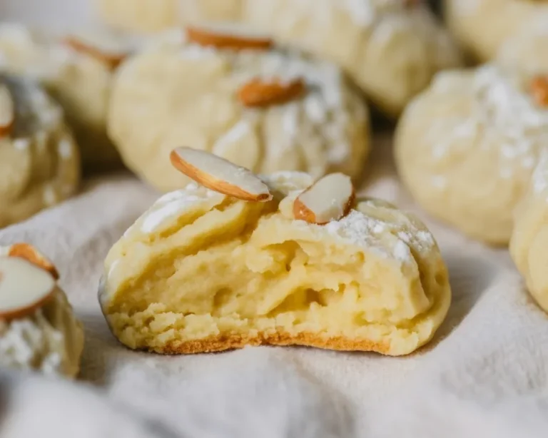 Batch of chewy almond cookies fresh out of the oven, decorated with sliced almonds.