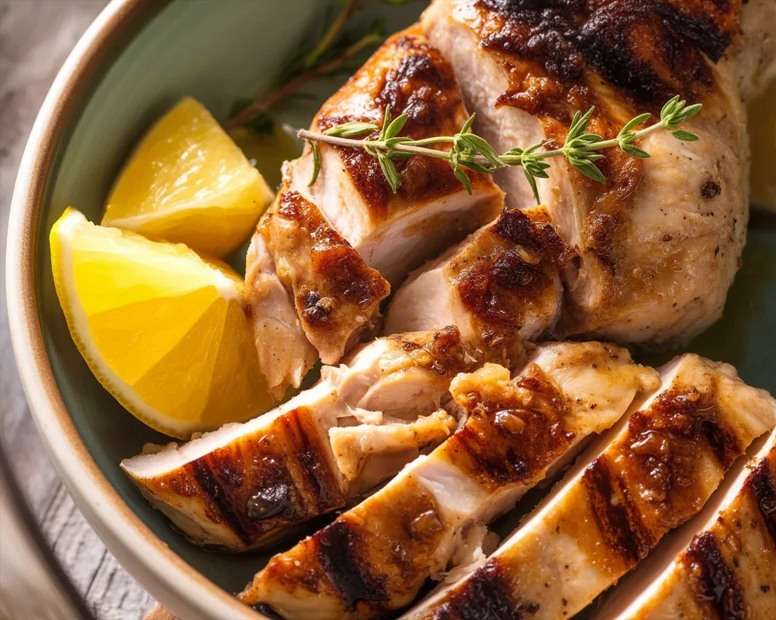 Juicy grilled chicken breasts on the grill, ready to serve.