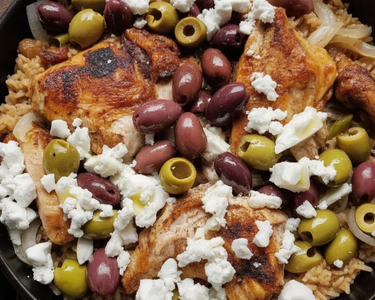Delicious Skillet Chicken with Olives & Feta served in a rich Mediterranean sauce.
