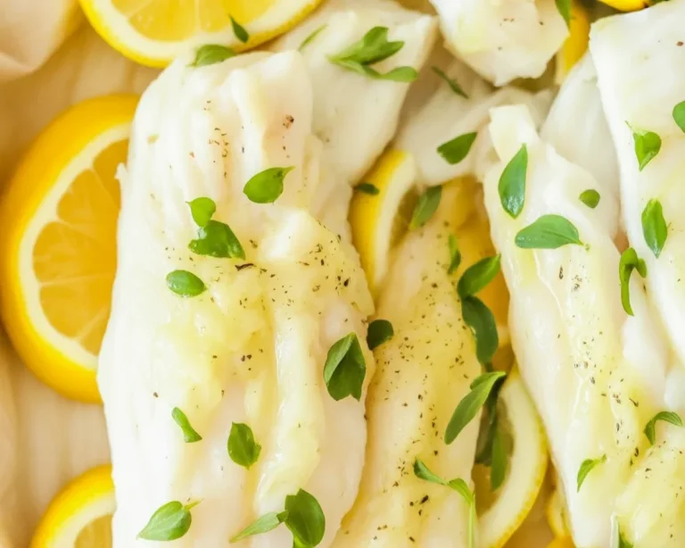 Lemon-Garlic Baked Cod fillets drizzled with garlic butter and lemon juice