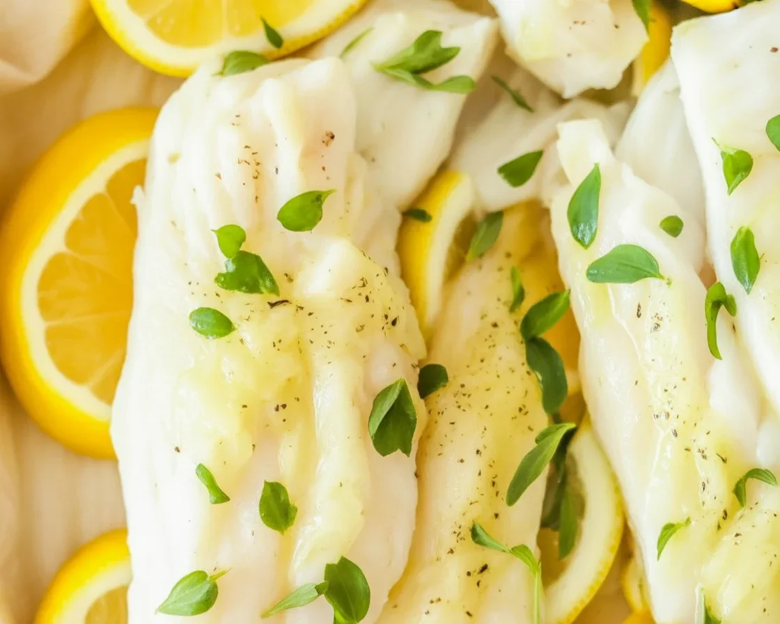 Lemon-Garlic Baked Cod fillets drizzled with garlic butter and lemon juice