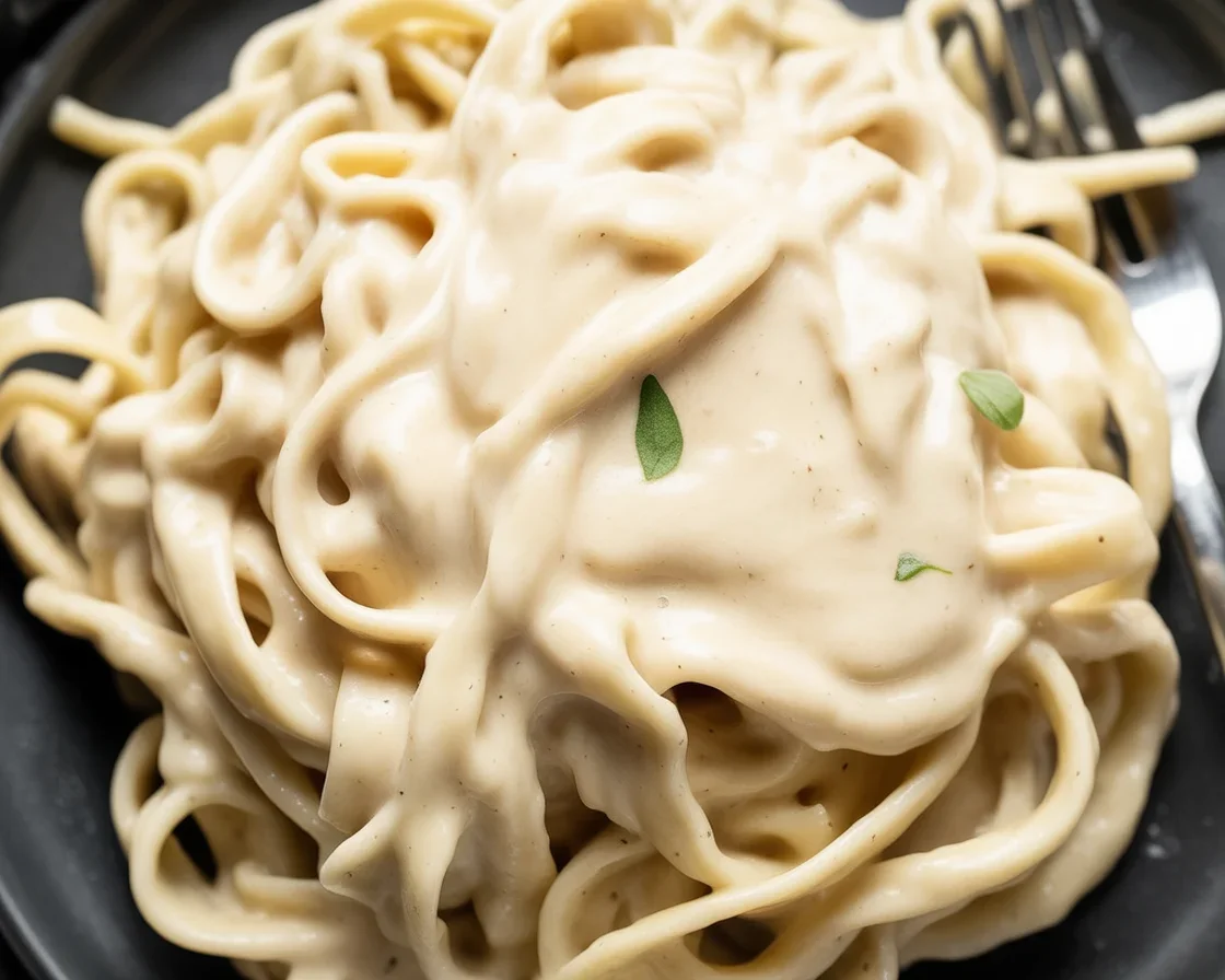 Creamy dairy free alfredo sauce made with coconut milk and garlic, perfect for vegan dishes.
