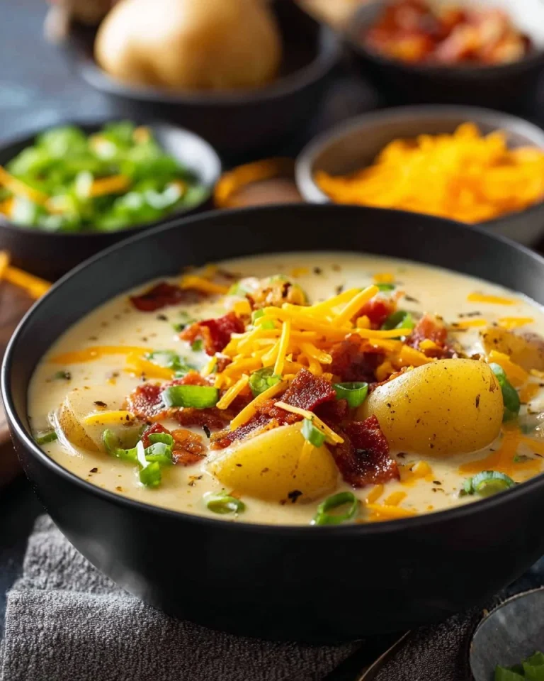 Bowl of creamy potato soup garnished with herbs and served hot