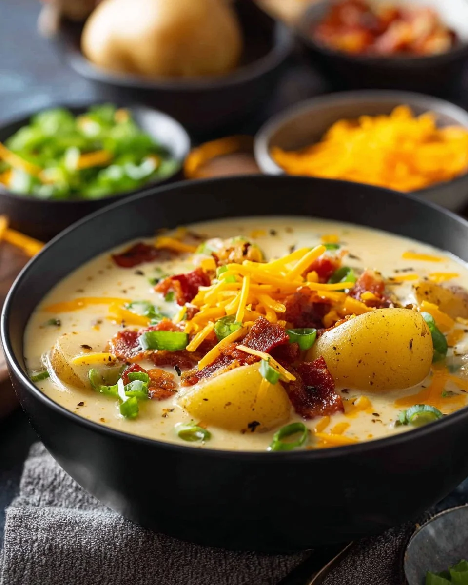Bowl of creamy potato soup garnished with herbs and served hot