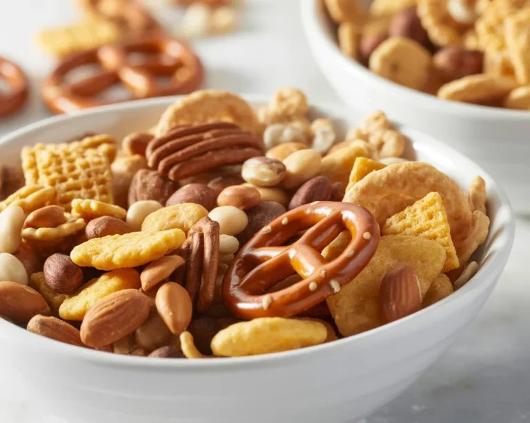 Homemade oven-baked Chex Mix recipe with Chex cereals, nuts, pretzels, and seasonings.