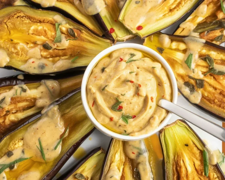 Mediterranean roasted eggplant dish with tahini, perfect for a healthy, flavorful meal.