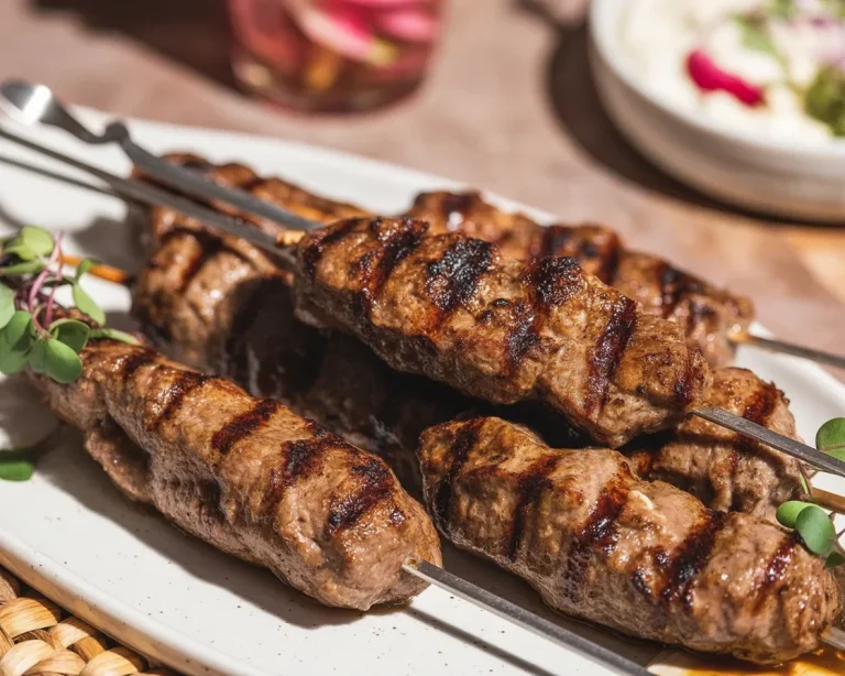 Mediterranean ground beef dishes, including stir fry, kabobs, and bowls with fresh ingredients.