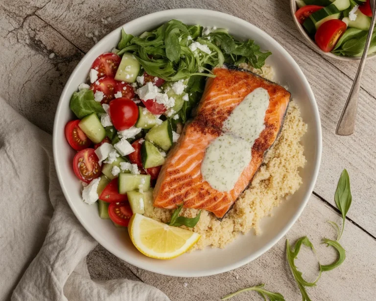 Mediterranean salmon with lemon, olives, and cherry tomatoes prepared in 30 minutes.