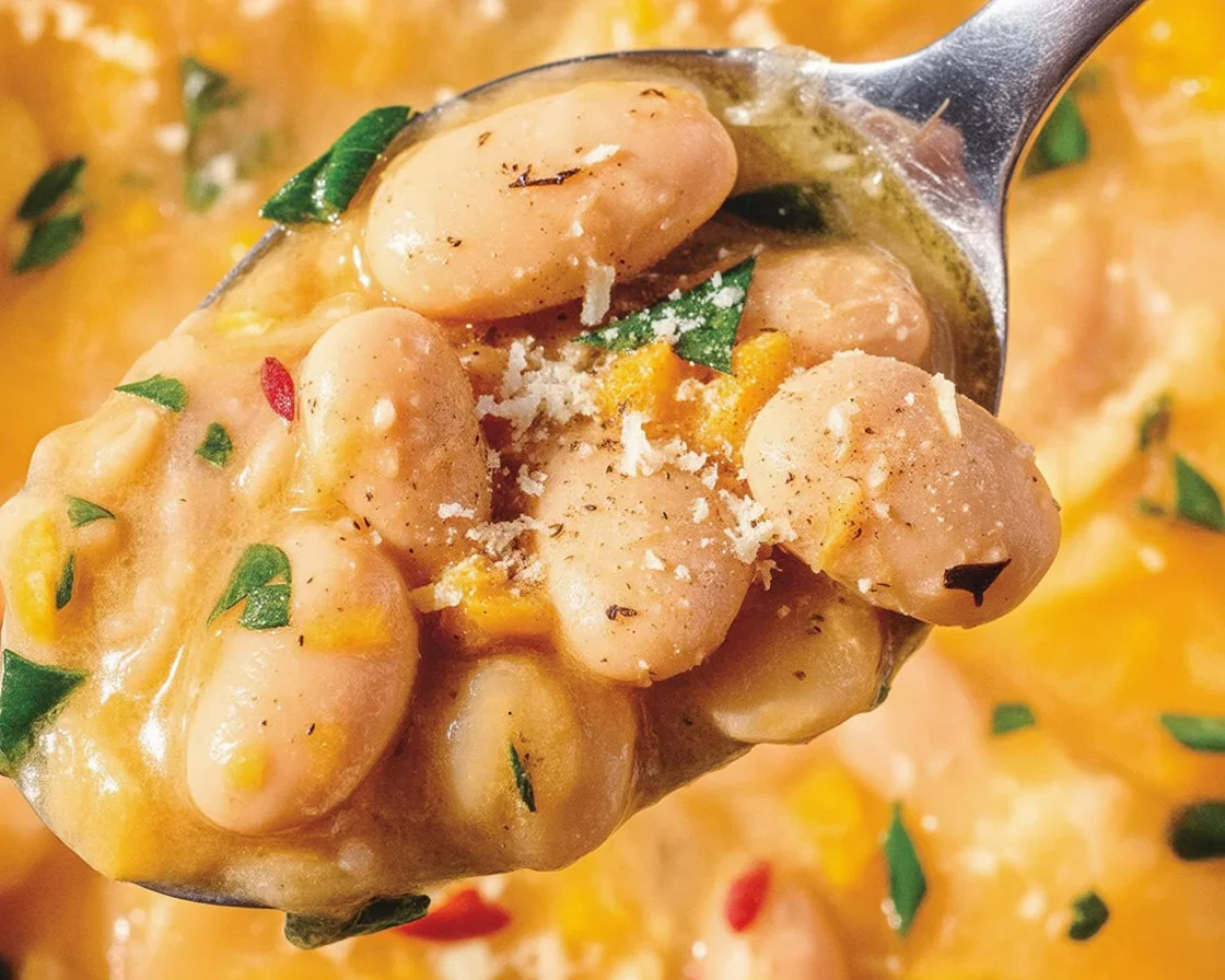 Creamy butter beans cooked with herbs in a pot, showcasing a delicious recipe.