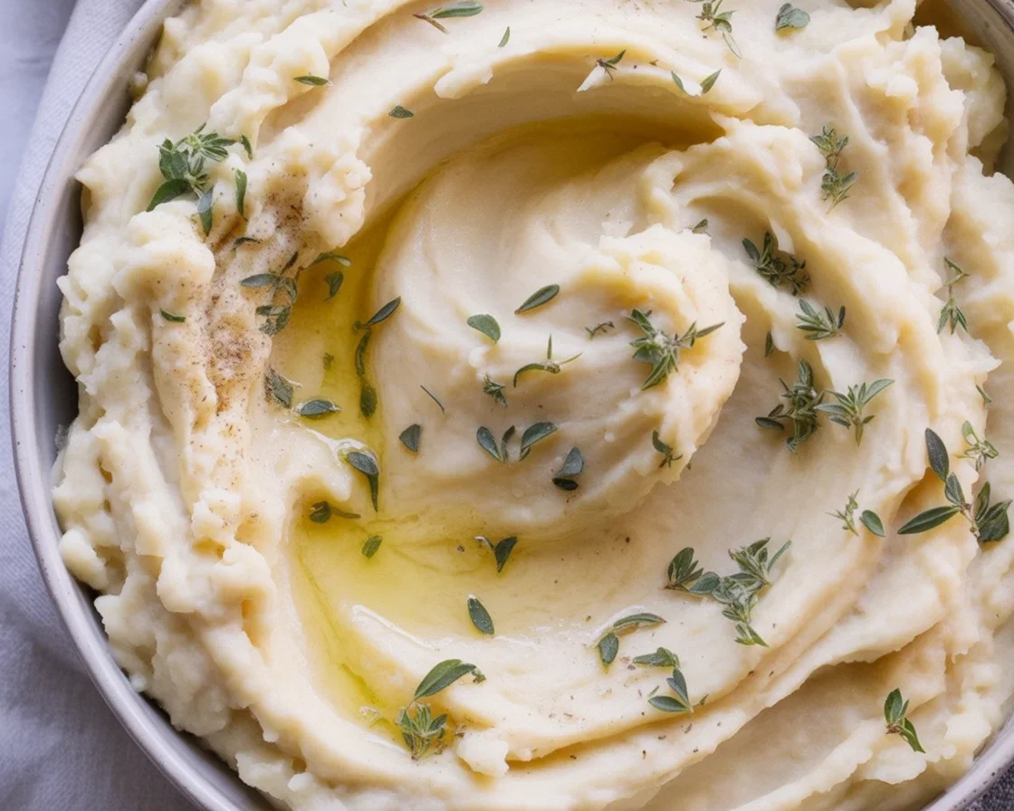 Creamy dairy free mashed potatoes made with Yukon Gold potatoes and garlic.