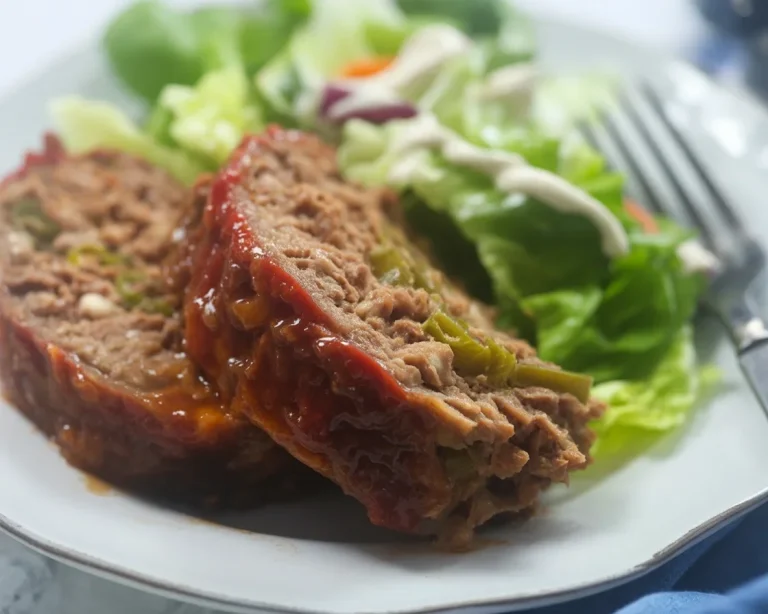 Low carb meatloaf served on a plate with a side of vegetables