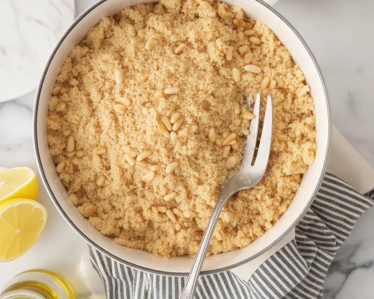Bowl of fluffy couscous served with vegetables and spices, a North African dish.