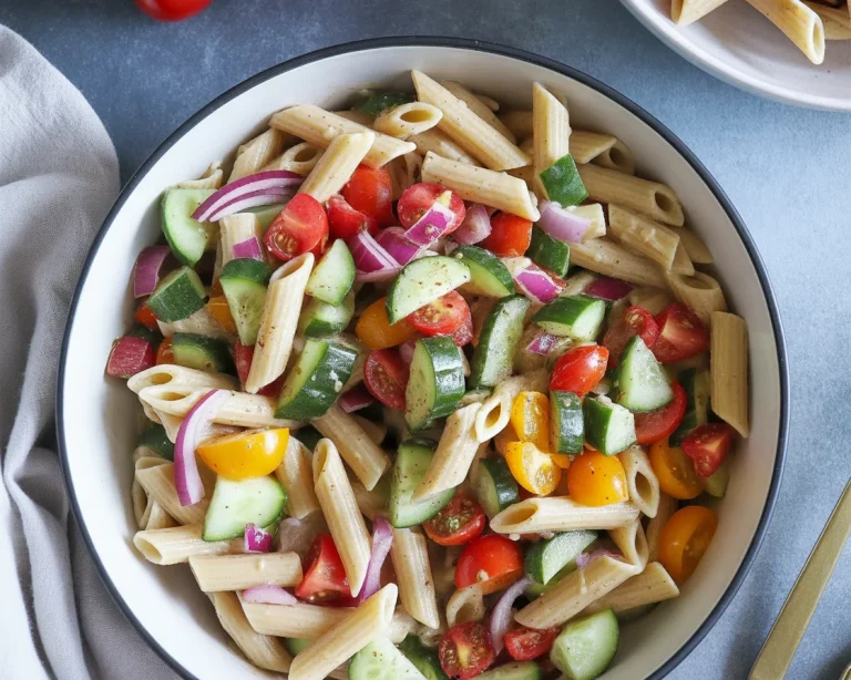 Delicious Mediterranean pasta salad with fresh vegetables and lemon dressing.