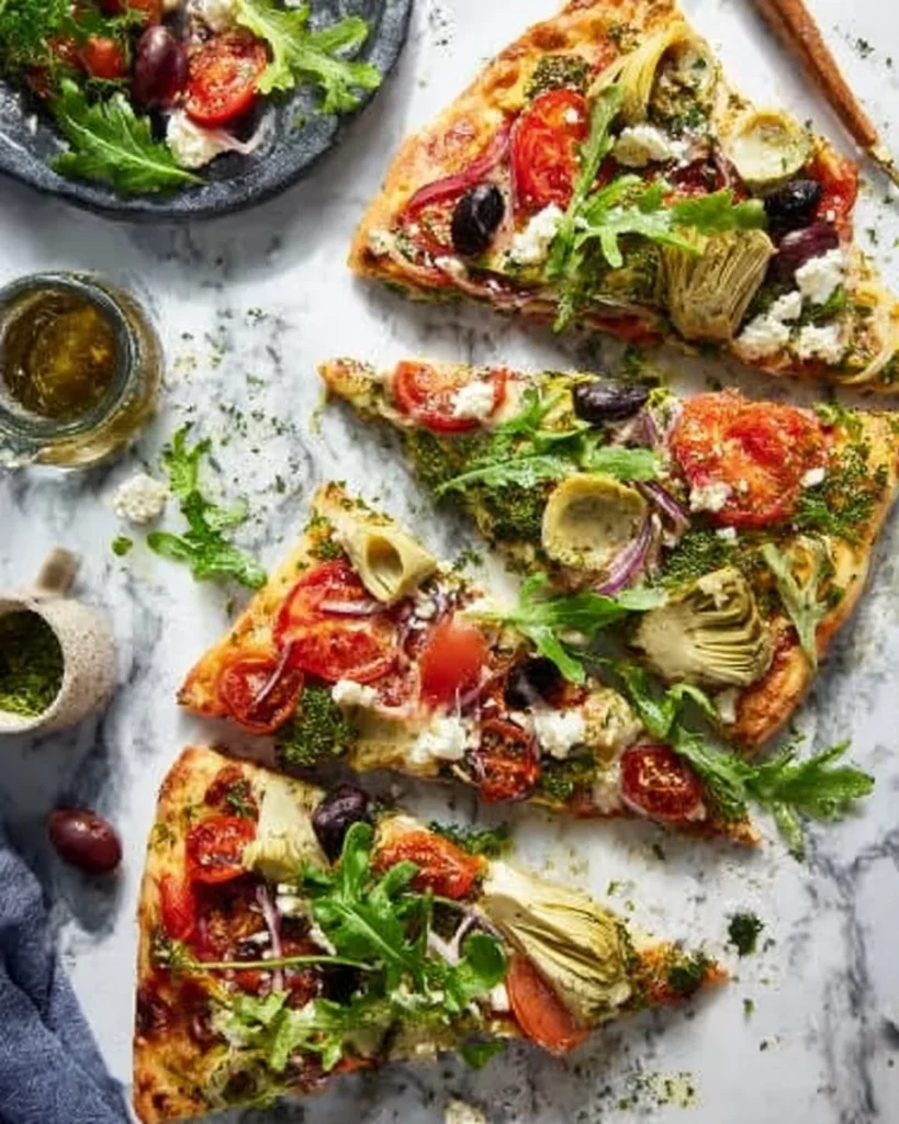 Delicious Greek flatbread pizza topped with fresh ingredients and herbs.