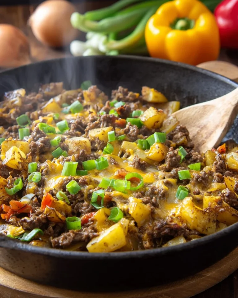 Ground Beef and Potato Skillet dish ready to serve