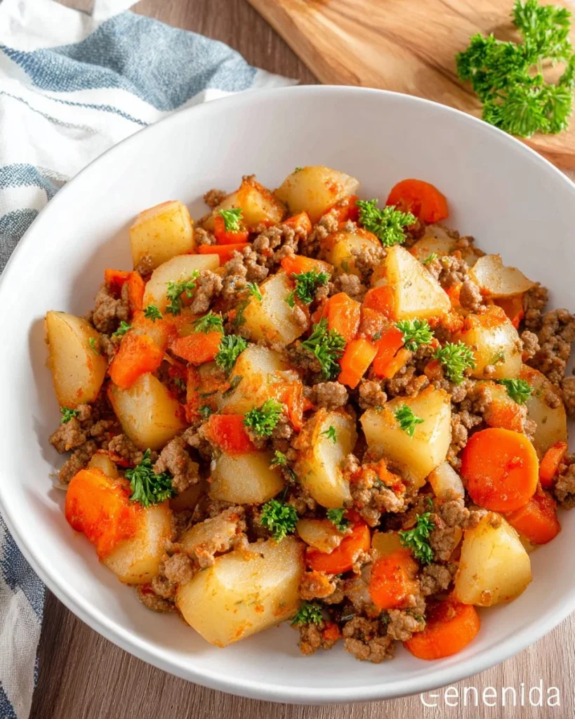 Delicious Hamburger Potato Casserole topped with cheese in a baking dish.