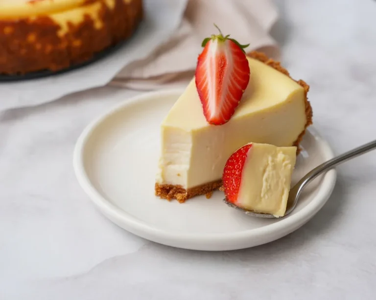 Delicious gluten free cheesecake topped with fresh berries and drizzled sauce.