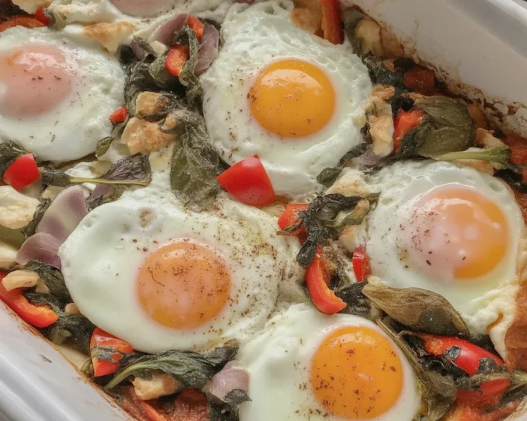 Mediterranean Baked Feta Eggs with tomatoes and spinach in a baking dish.