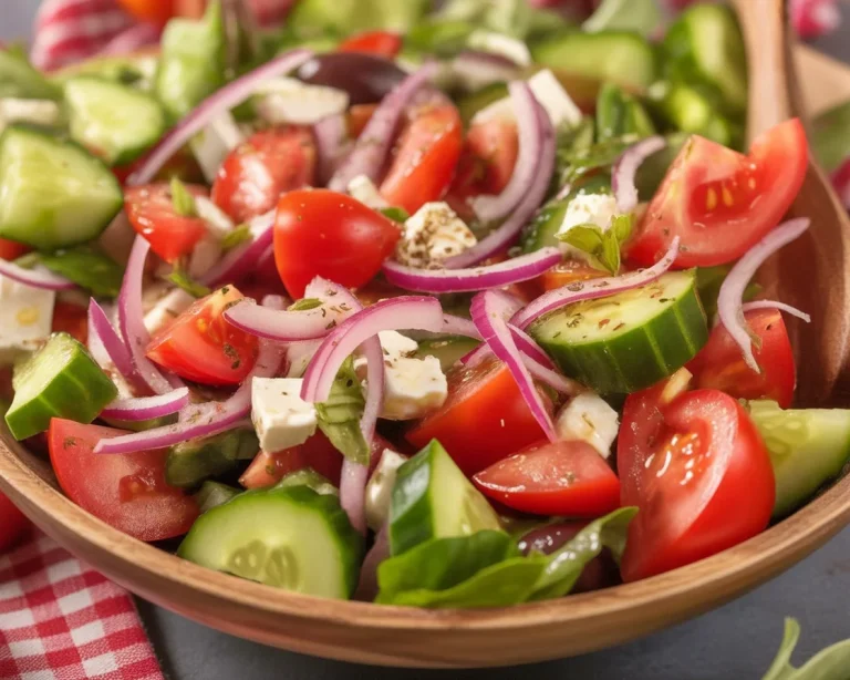 Fresh Mediterranean salad with cucumbers, tomatoes, and olives in a bowl
