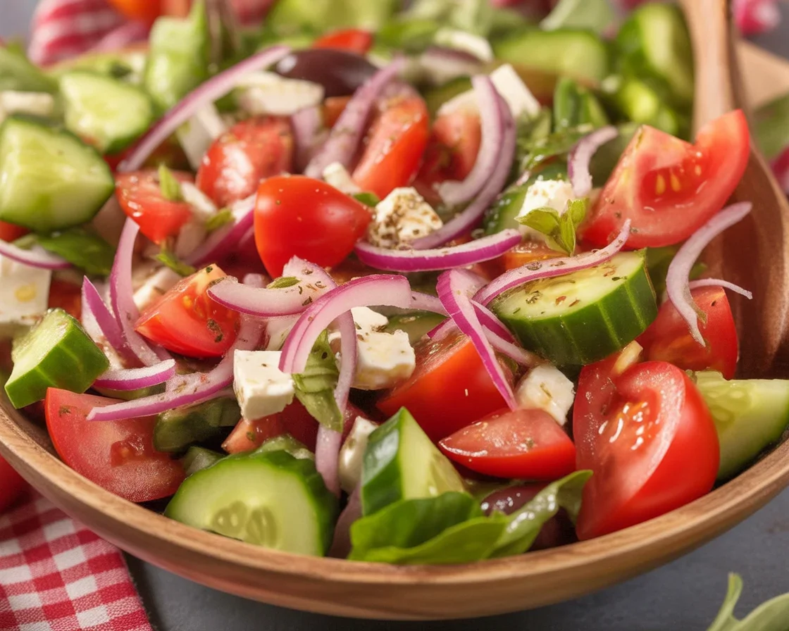 Fresh Mediterranean salad with cucumbers, tomatoes, and olives in a bowl