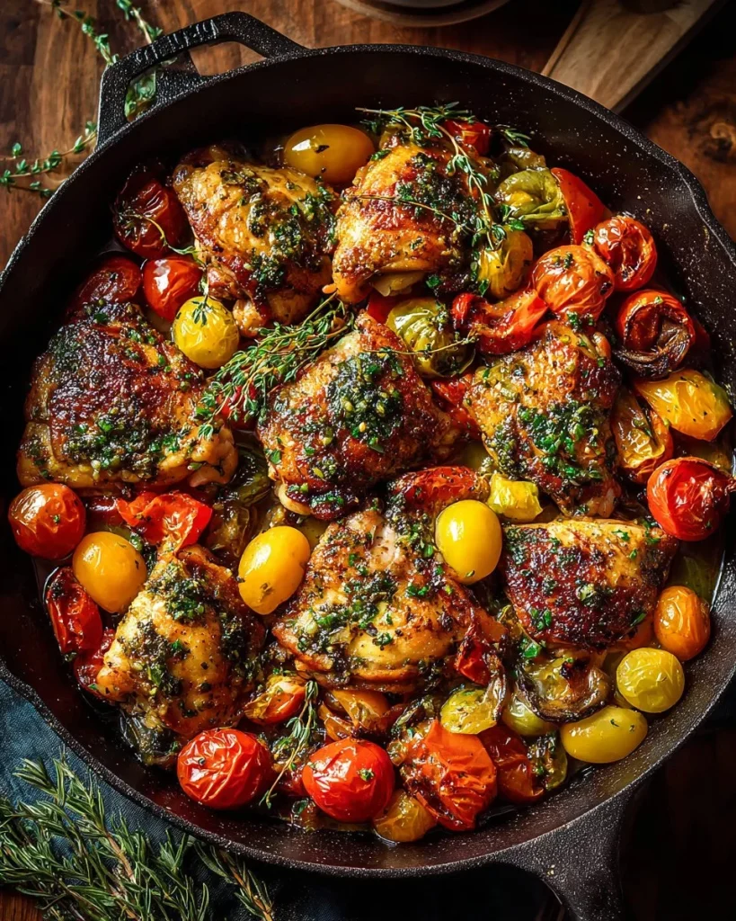 One-Pan Mediterranean Chicken dish with colorful vegetables and herbs