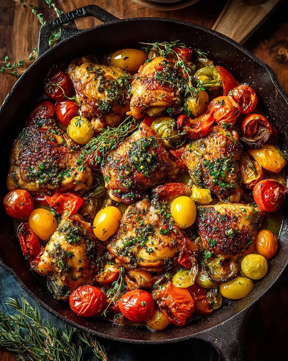 One-Pan Mediterranean Chicken dish with colorful vegetables and herbs