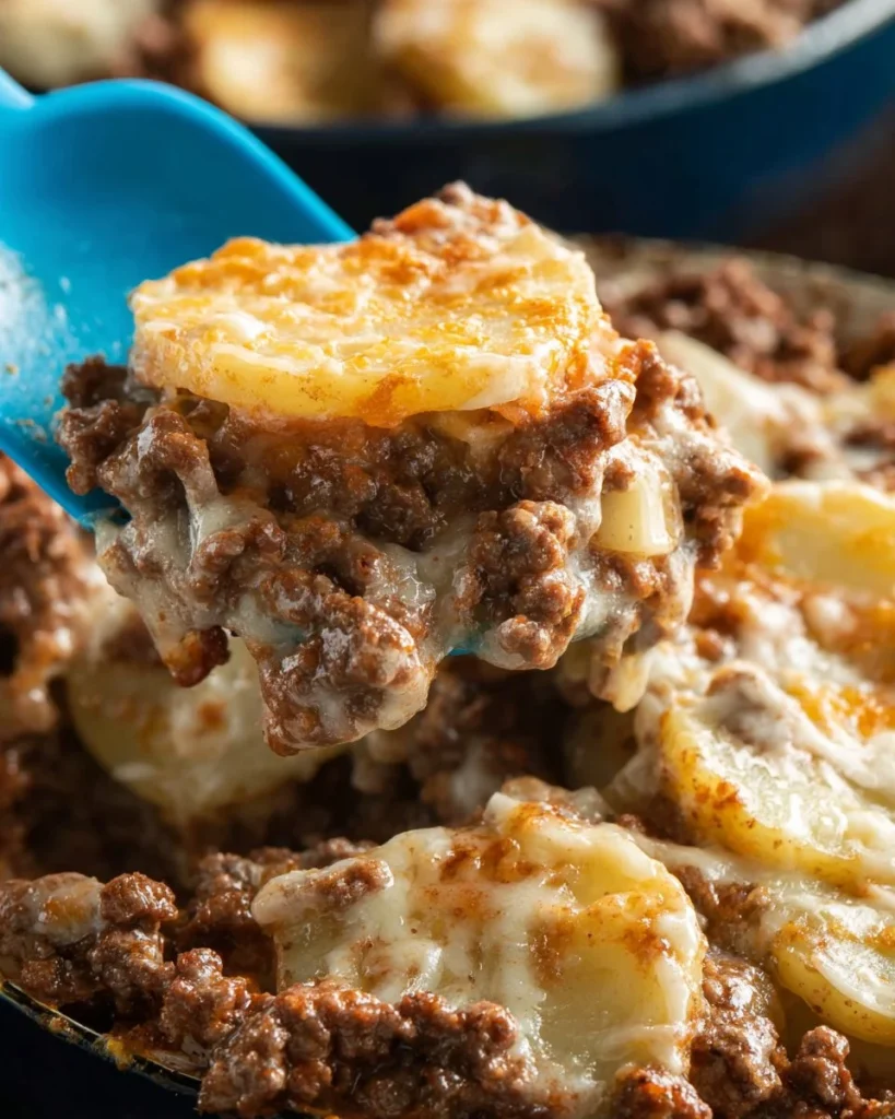 Delicious Potato Hamburger Casserole served in a baking dish