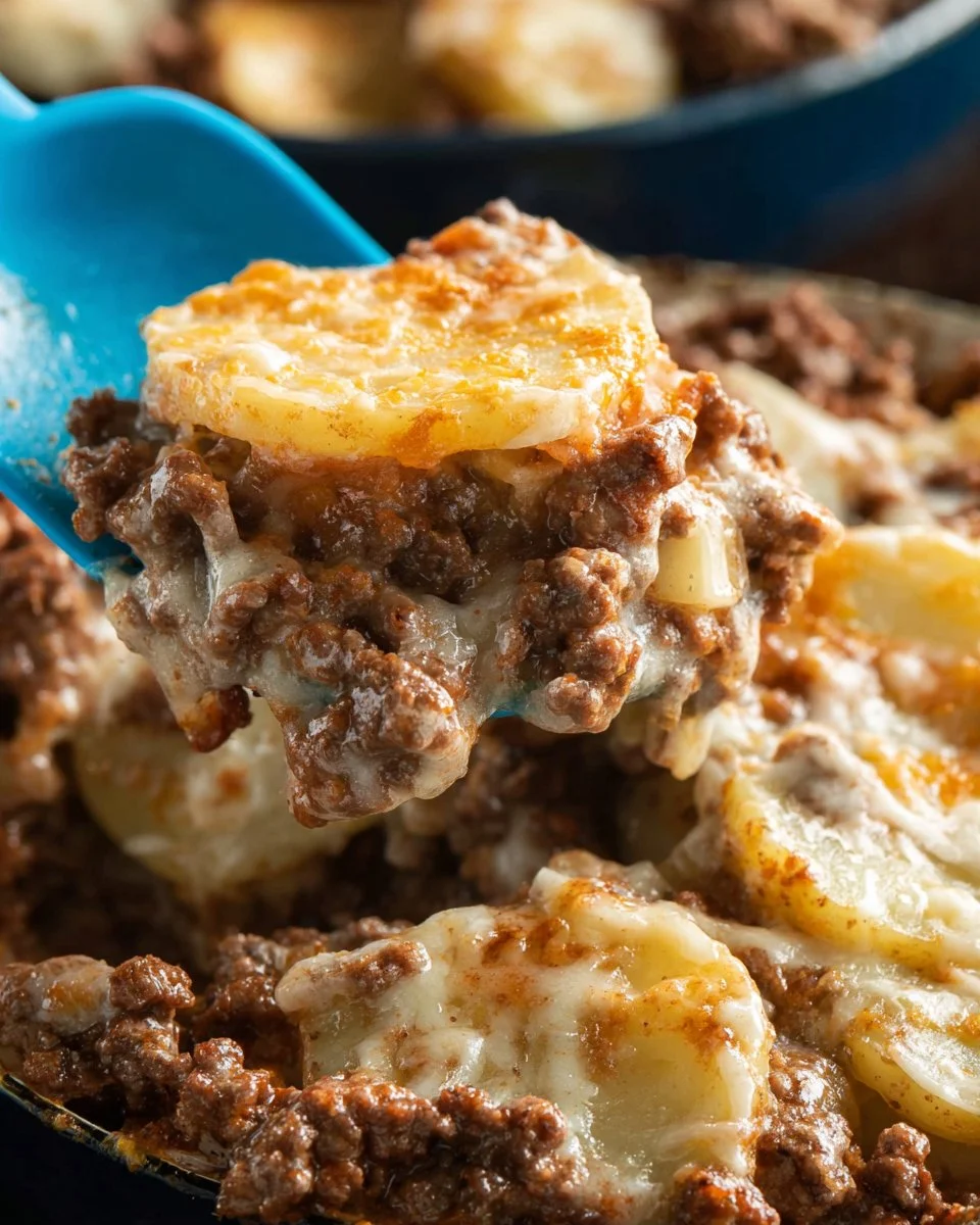 Delicious Potato Hamburger Casserole served in a baking dish