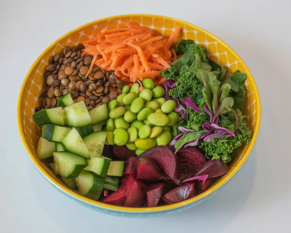 Colorful high protein salad with chicken, quinoa, and fresh vegetables in a bowl.