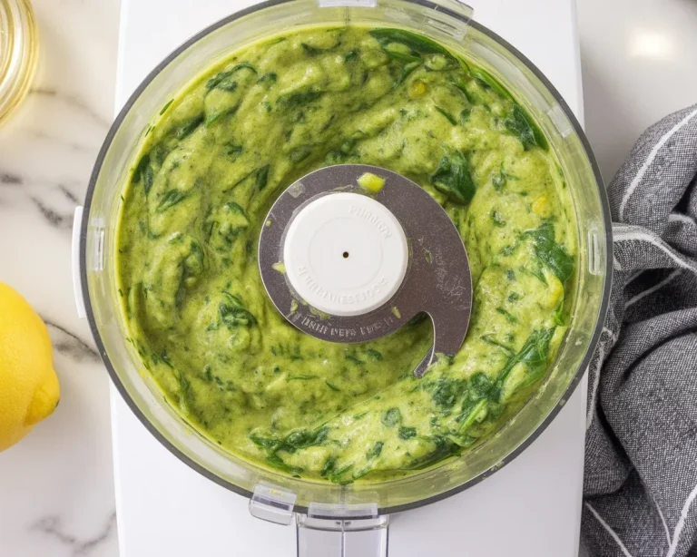 Dairy free pesto made with fresh basil, garlic, olive oil, and pine nuts in a bowl.