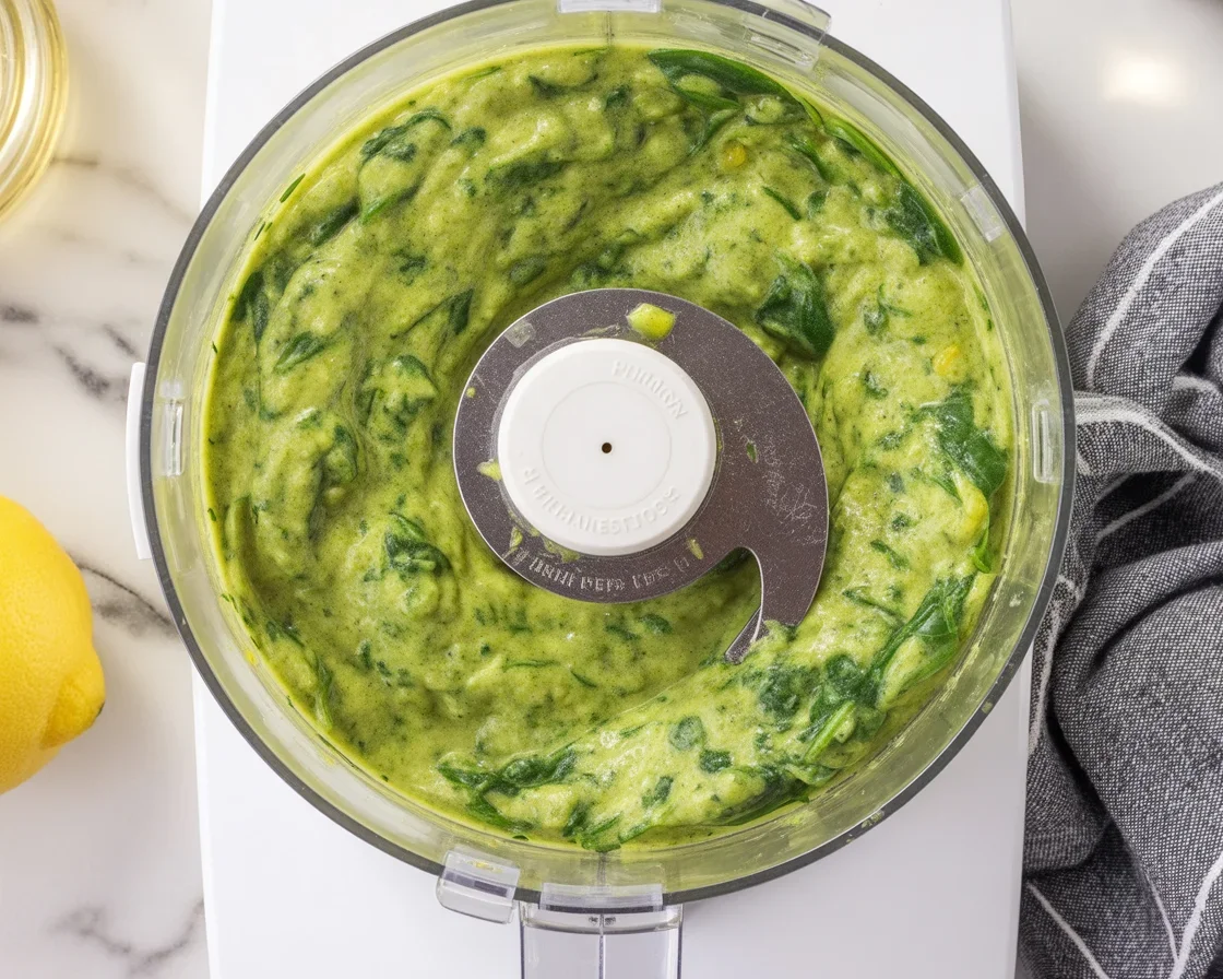 Dairy free pesto made with fresh basil, garlic, olive oil, and pine nuts in a bowl.