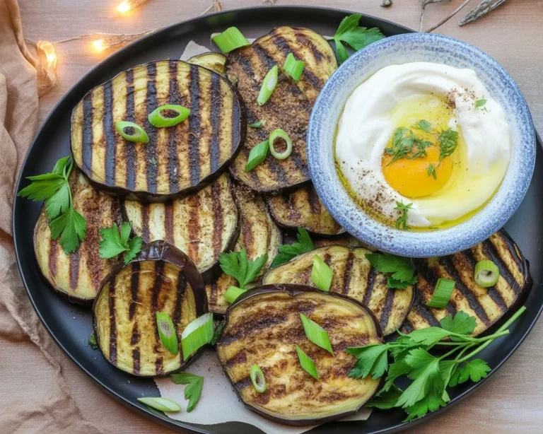 Mediterranean roasted eggplant drizzled with tahini and herbs, served as a side dish.