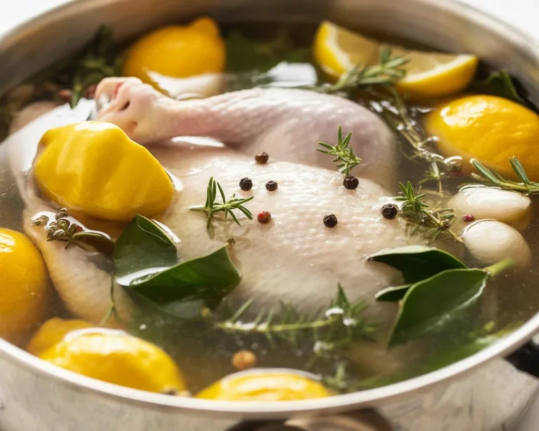 A delicious chicken soaking in a homemade brine mixture of salt, sugar, and spices.