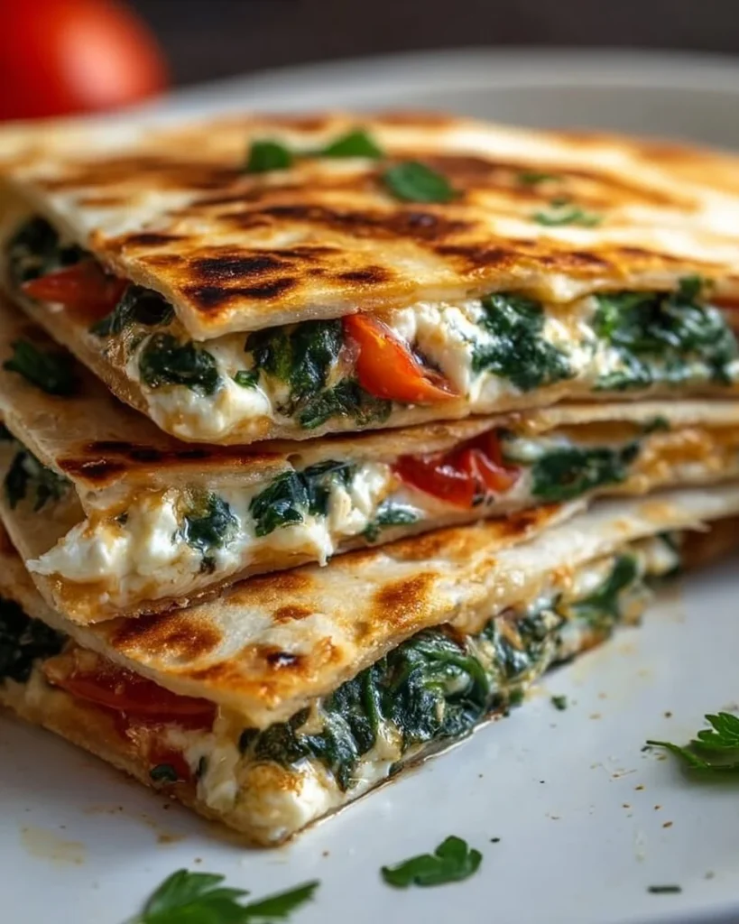 Spinach and feta quesadilla served on a plate with fresh ingredients